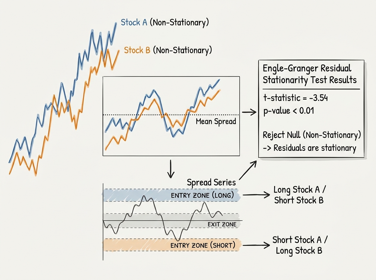 Cointegration concept diagram for pairs trading showing two non-stationary stock price series diverging and converging around a mean spread, with Engle-Granger residual stationarity test results and entry/exit signal zones marked