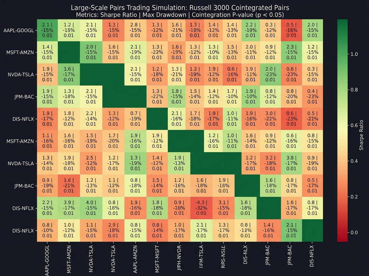 Large-scale pairs trading simulation output in Python showing a grid of cointegrated stock pairs from the Russell 3000 universe, with Sharpe ratios, maximum drawdowns, and cointegration test p-values displayed per pair using Matplotlib heatmap