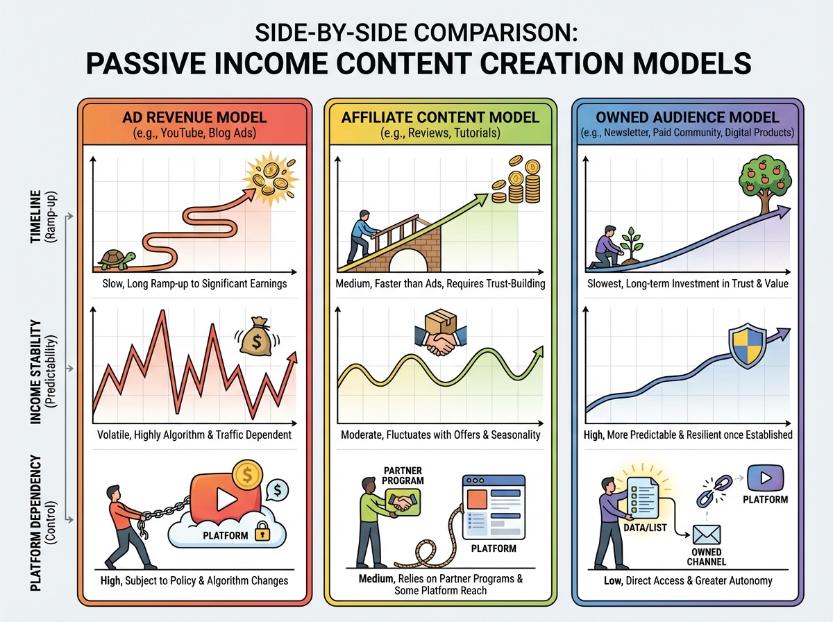 Side-by-side comparison of three passive income content creation models — ad revenue, affiliate content, and owned audience — showing timeline, income stability, and platform dependency for each