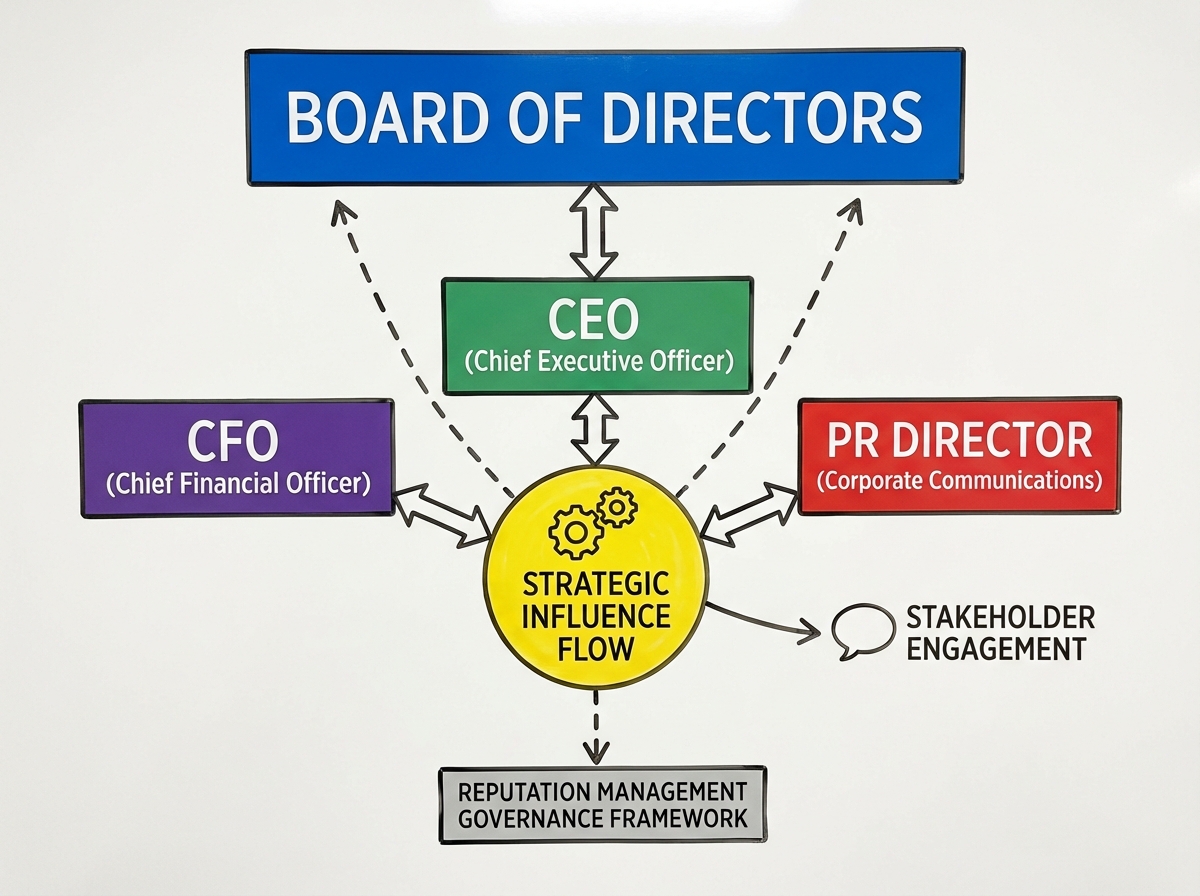 Corporate reputation management governance diagram showing PR Director position within executive leadership structure alongside CEO, CFO, and Board with arrows indicating strategic influence flow
