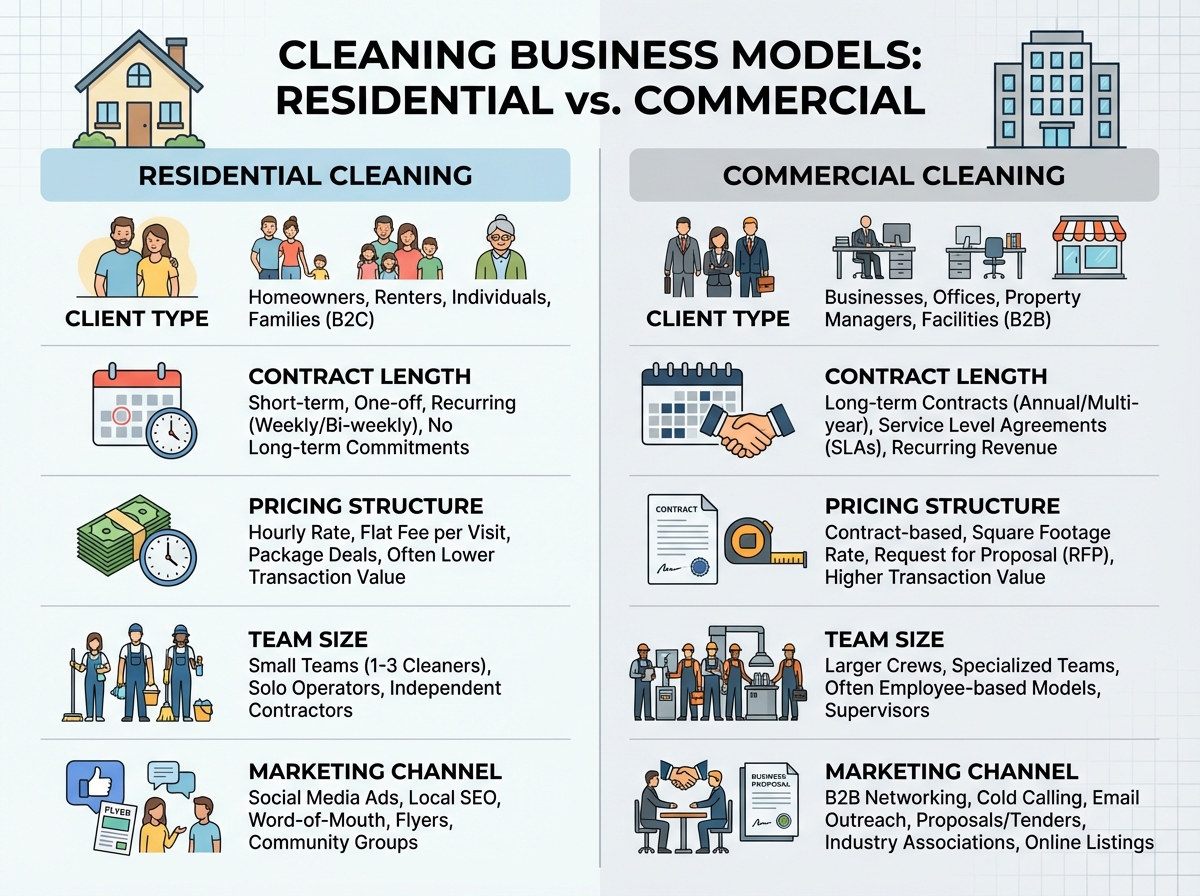 Side-by-side comparison of residential vs commercial cleaning business models showing differences in client type, contract length, pricing structure, team size, and marketing channel used
