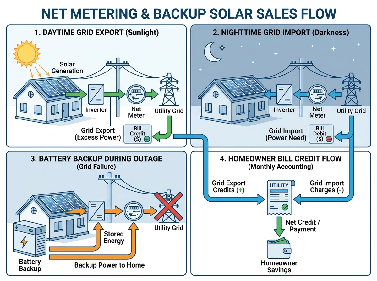 Net metering and backup solar sales diagram showing daytime grid export, nighttime grid import, battery backup during outage, and homeowner bill credit flow with labeled arrows