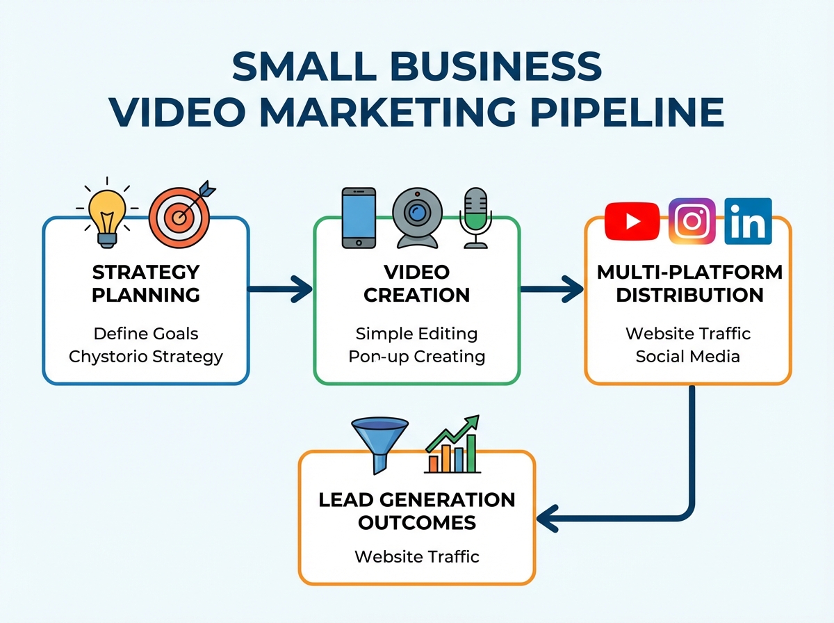 Small business video marketing pipeline diagram showing strategy planning, video creation with basic equipment, multi-platform distribution, and lead generation outcomes