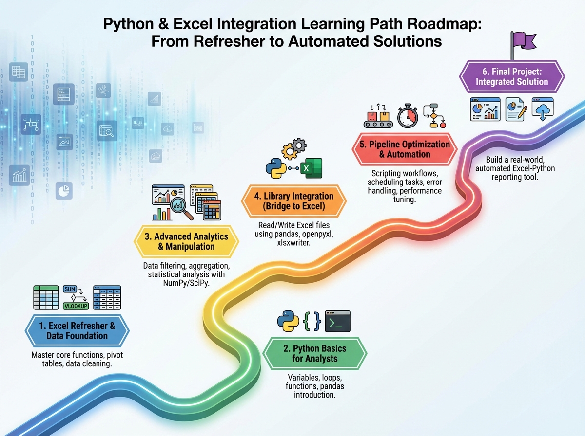 Python and Excel integration learning path roadmap showing six sequential stages from Excel refresher through Python basics, advanced analytics, library integration, pipeline optimization, and final project