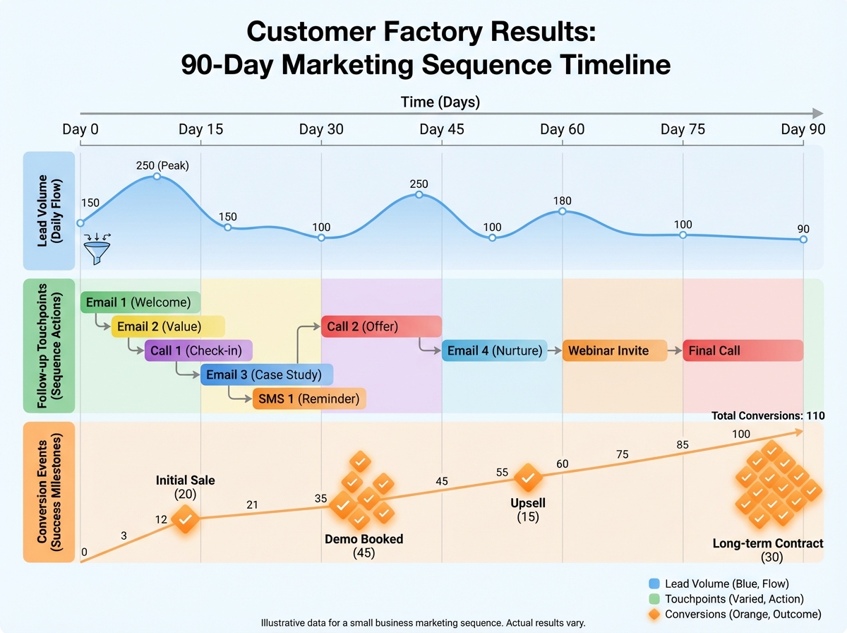 Customer factory results timeline chart showing lead volume, follow-up touchpoints, and conversion events over a 90-day period for a small business marketing sequence
