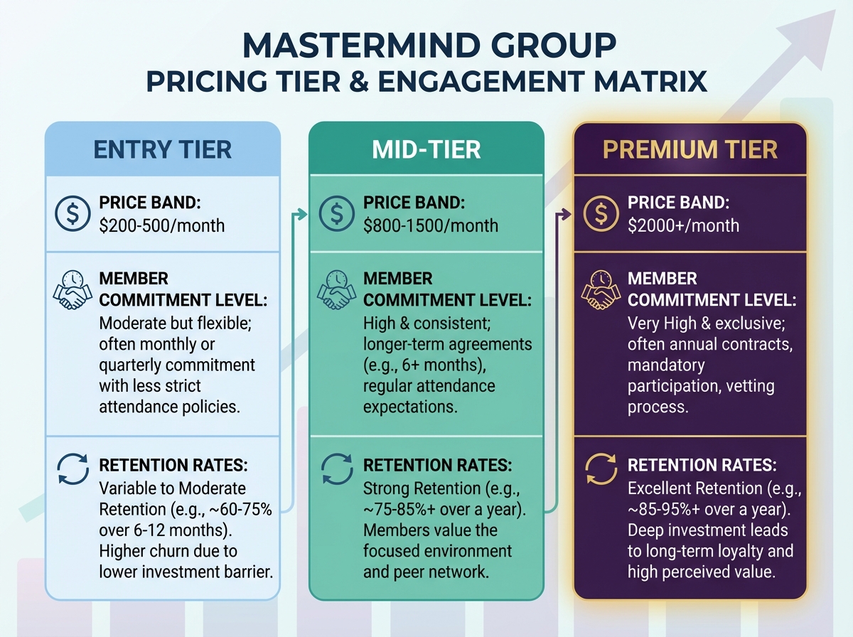 Mastermind group pricing tier chart showing three price bands—entry (0-500/month), mid-tier (0-1500/month), premium (00+/month)—with corresponding member commitment levels and retention rates