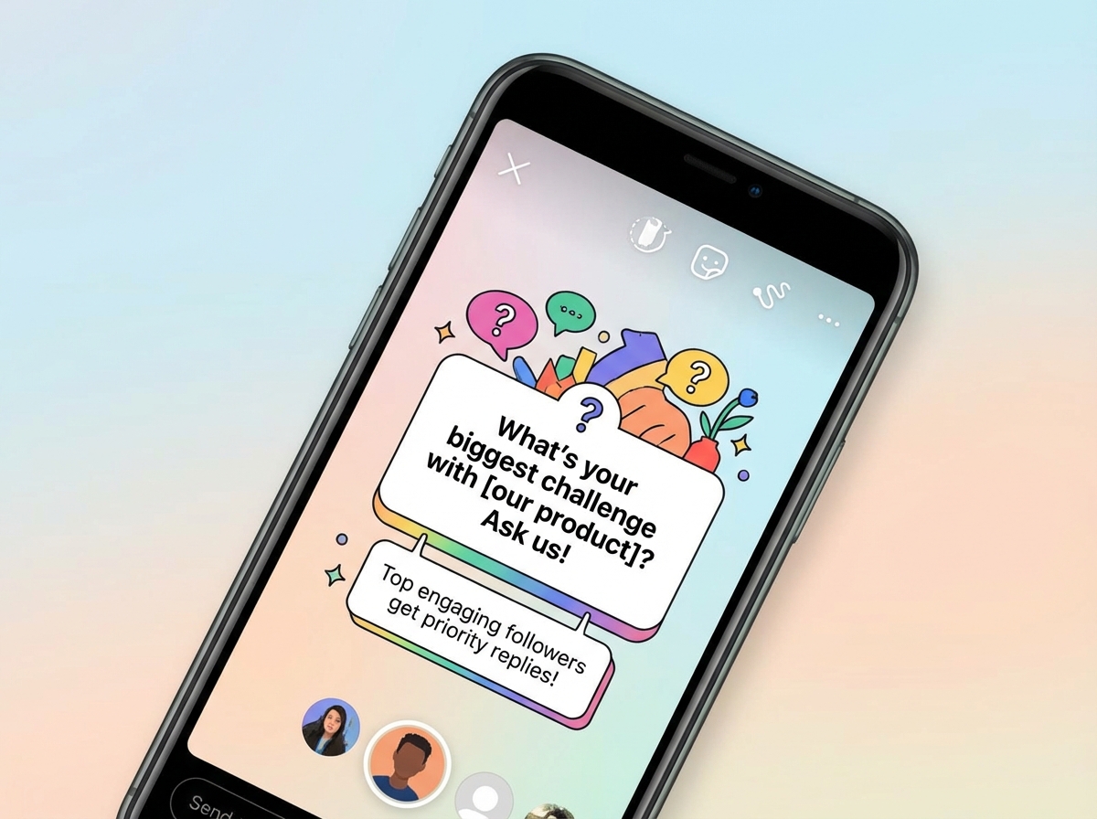 Instagram Stories strategy for small business accounts showing question sticker response triggering DM conversation, with engagement graph visual indicating follower priority ranking