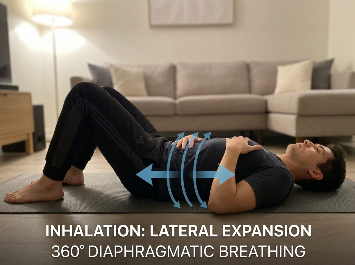 Person lying supine with knees bent performing 360-degree diaphragmatic breathing for core stability, hands placed on chest and lower ribs, arrows indicating lateral rib cage expansion during inhalation