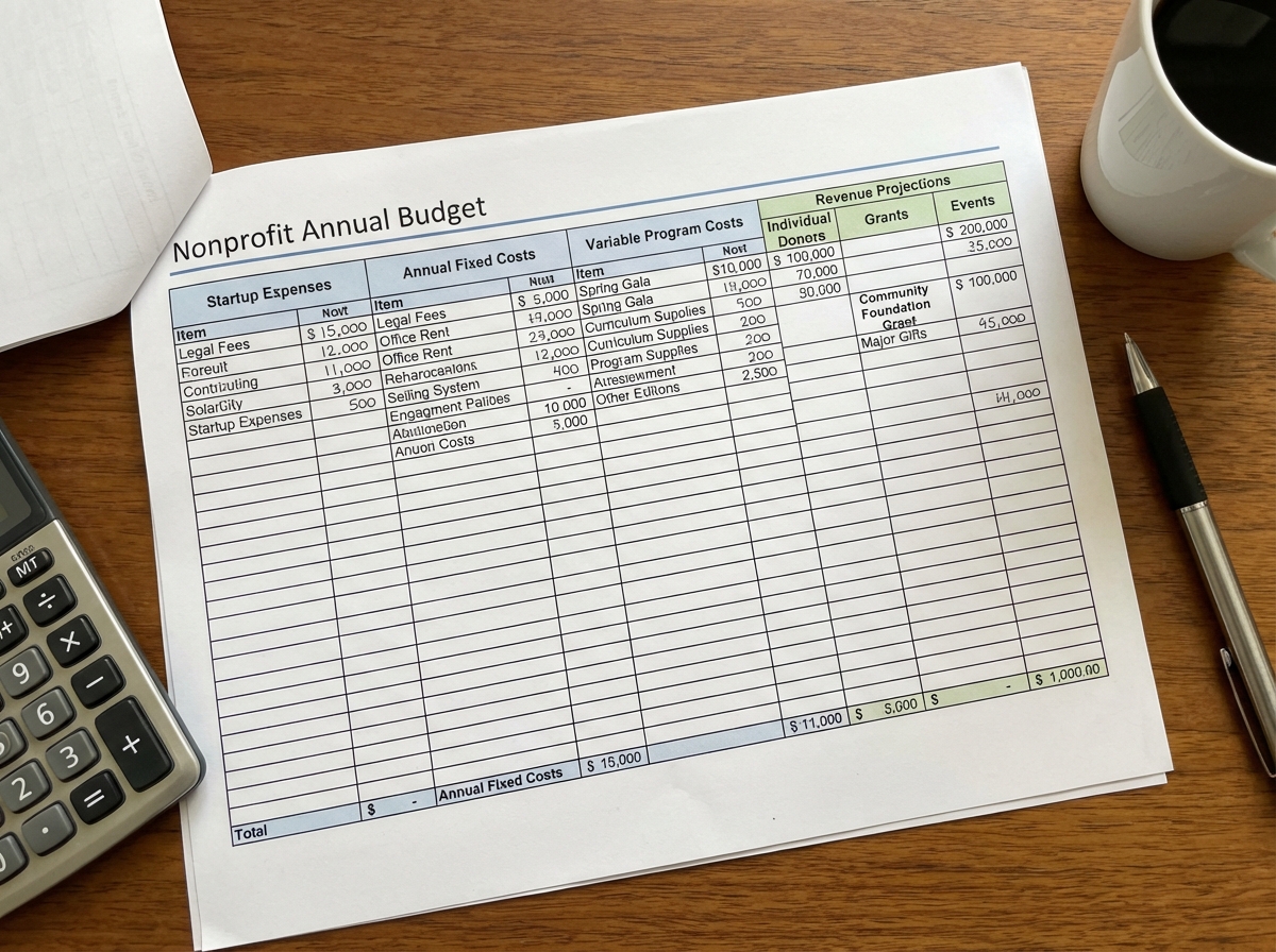 Nonprofit annual budget spreadsheet showing startup expenses column, annual fixed costs, variable program costs, and revenue projections broken down by individual donors, grants, and events