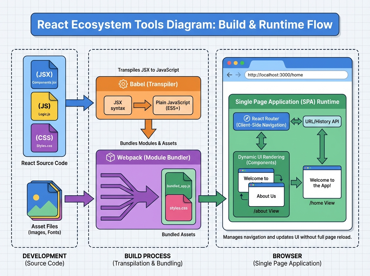 React ecosystem tools diagram showing Babel transpiling JSX to JavaScript, Webpack bundling modules, and React Router managing client-side navigation in a single page application