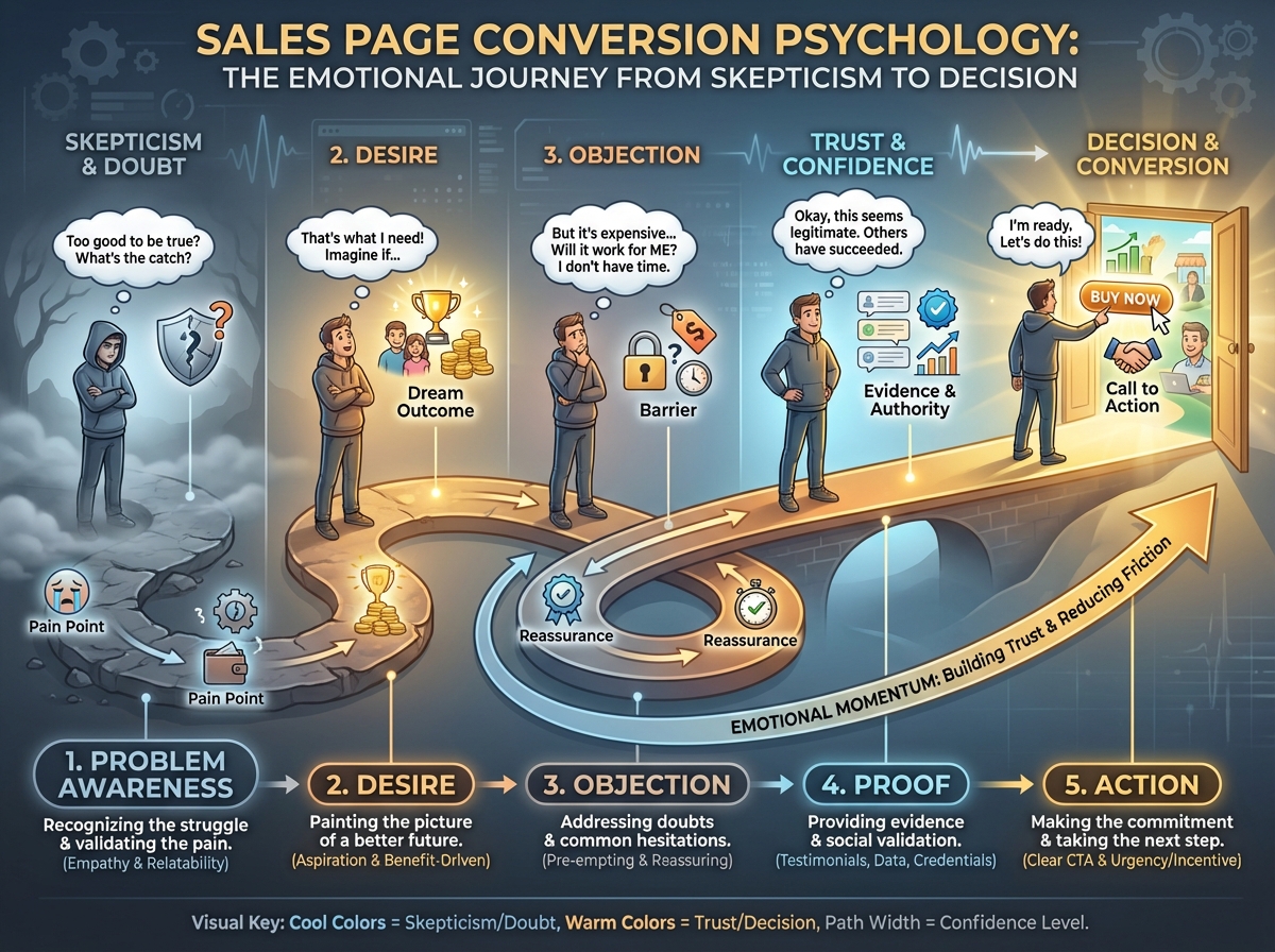 Sales page conversion psychology diagram showing the reader's emotional journey from skepticism through trust to decision, with labeled stages: problem awareness, desire, objection, proof, action