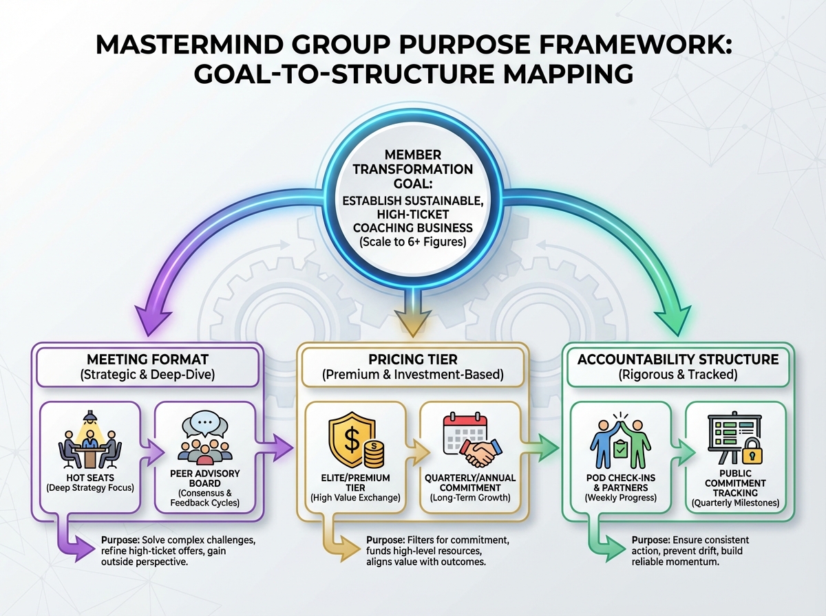 Mastermind group purpose framework concept showing how a specific member transformation goal maps to meeting format, pricing tier, and accountability structure