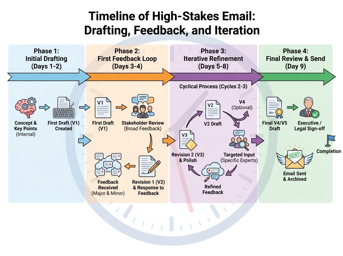 Timeline of message drafting, feedback, and iteration for a high-stakes email