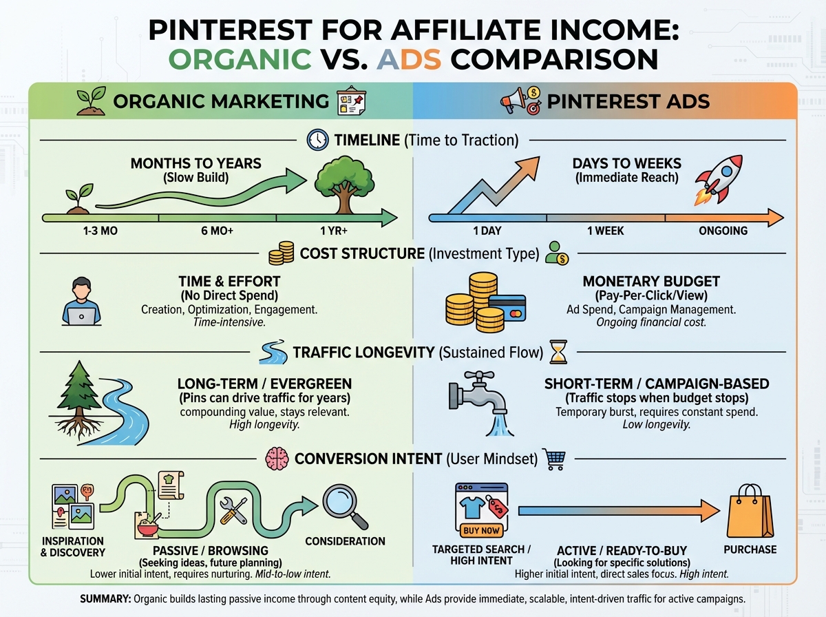 Side-by-side comparison of Pinterest organic marketing versus Pinterest Ads for affiliate income, showing timeline, cost structure, traffic longevity, and conversion intent differences