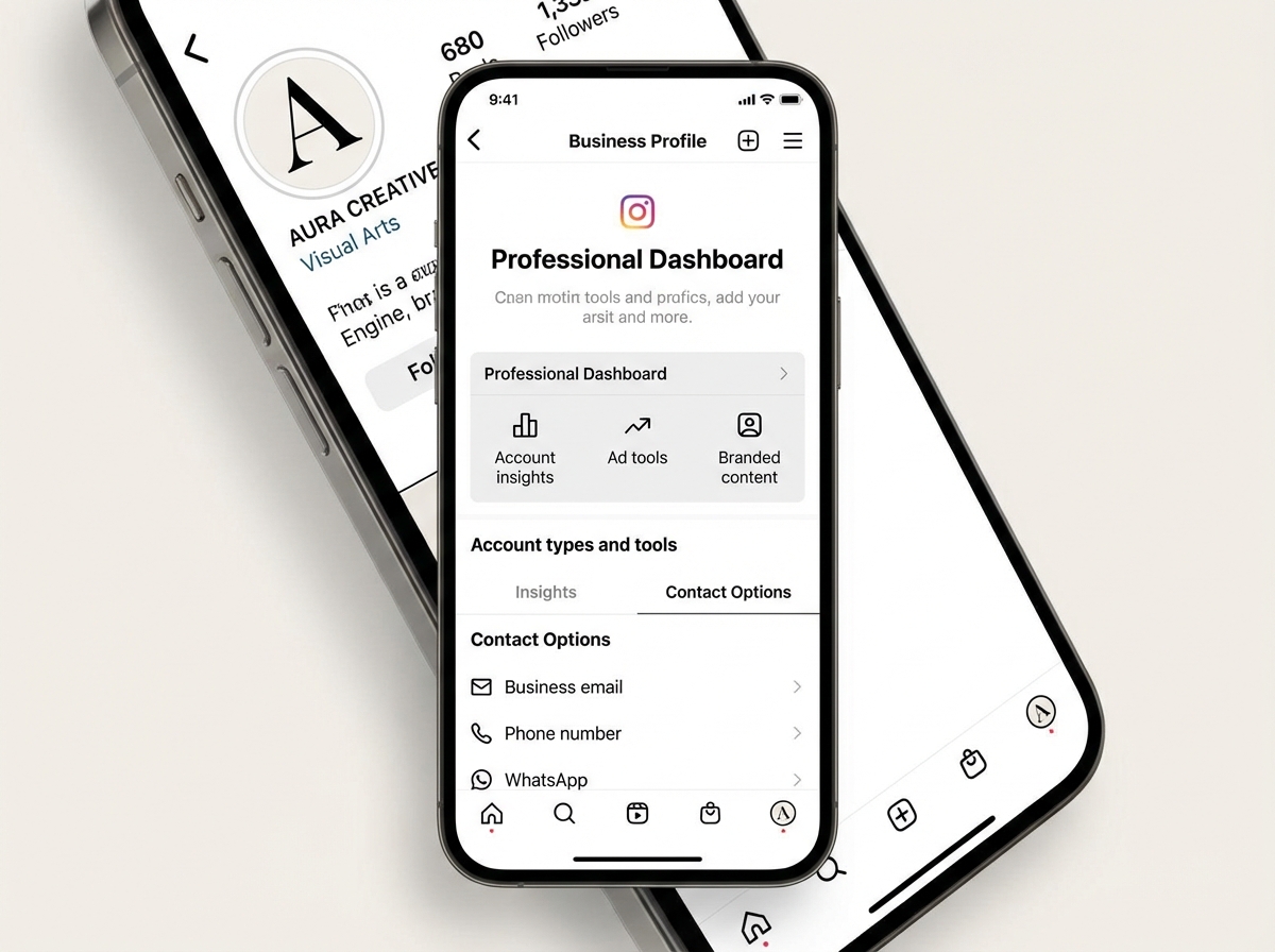 Instagram business account settings screen showing professional dashboard, insights tab, contact options, and category label for a visual creative brand account