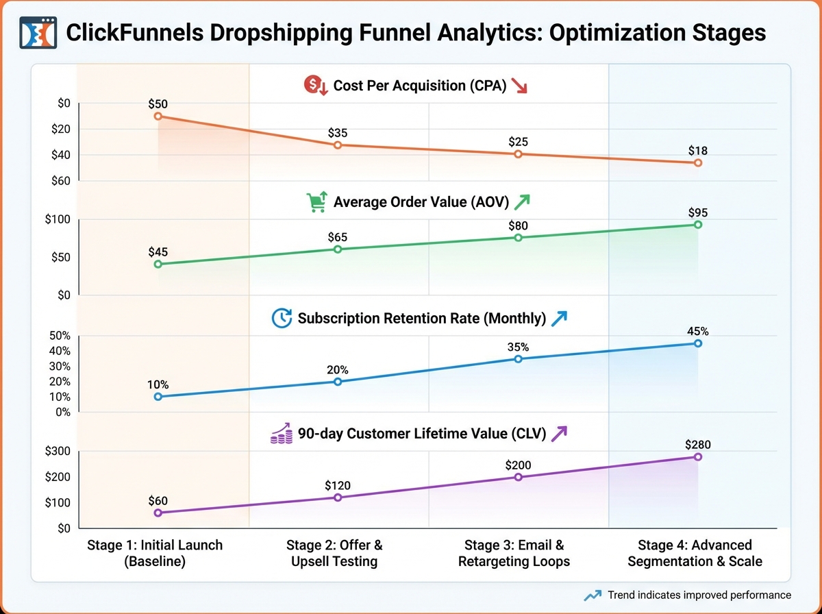 ClickFunnels dropshipping funnel analytics chart showing cost per acquisition, average order value, subscription retention rate, and 90-day customer lifetime value across funnel optimization stages