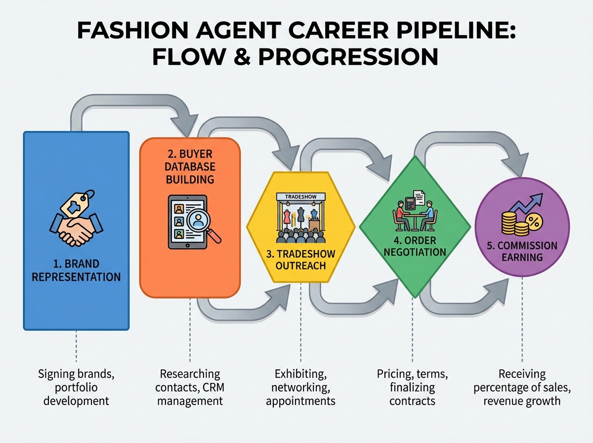 Fashion agent career pipeline diagram showing the flow from brand representation through buyer database building, tradeshow outreach, order negotiation, and commission earning
