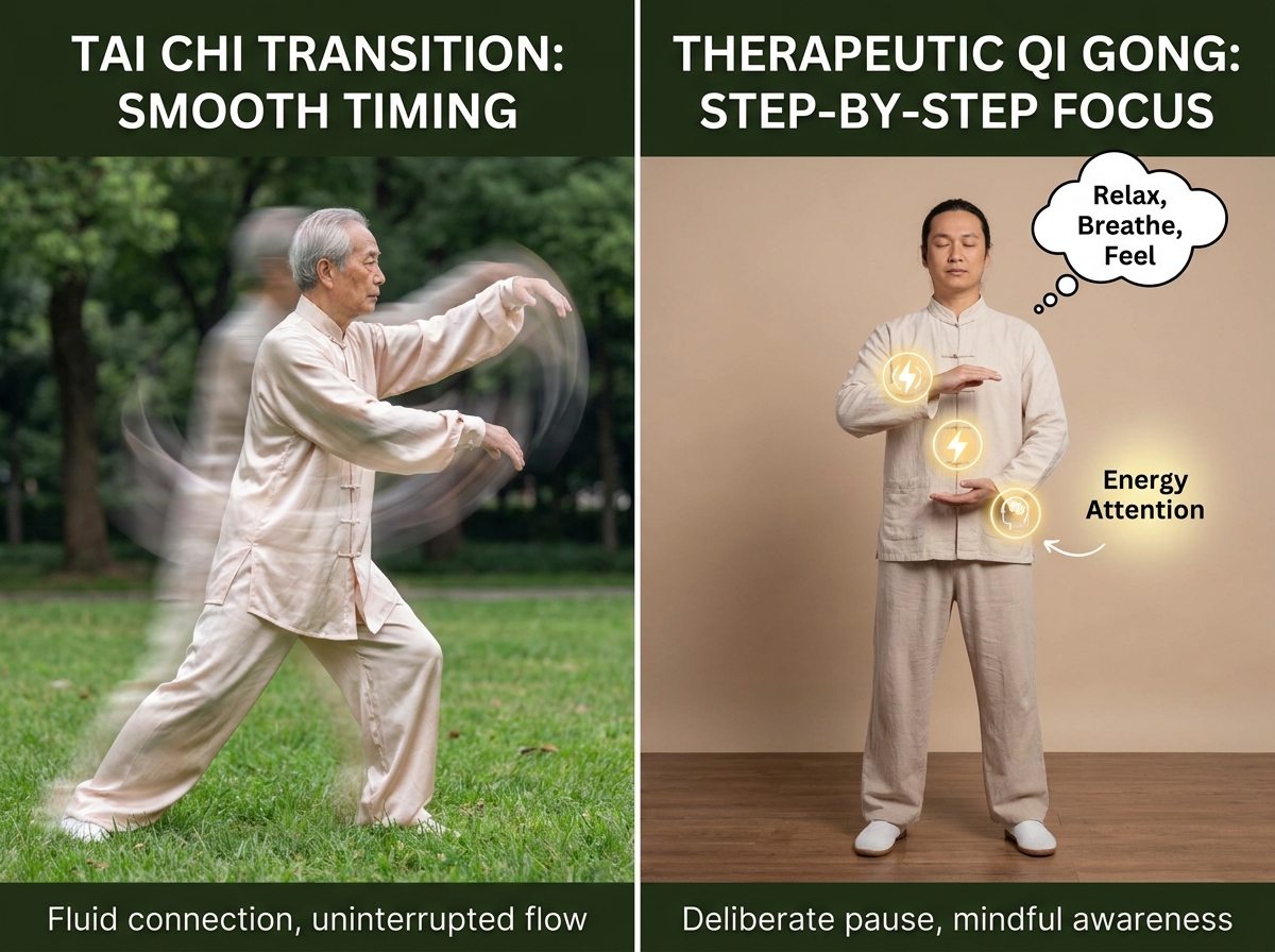 Side-by-side panels: Tai Chi transition panel shows smooth timing; therapeutic Qi Gong panel shows step-by-step focus on relaxation and energy attention.