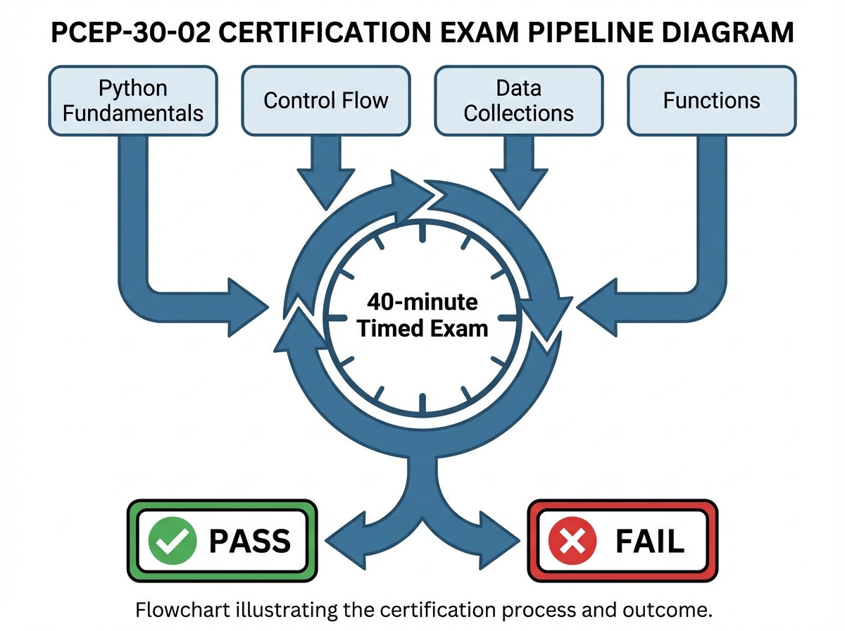 PCEP-30-02 certification exam pipeline diagram showing Python fundamentals, control flow, data collections, and functions feeding into a 40-minute timed exam with pass/fail outcome