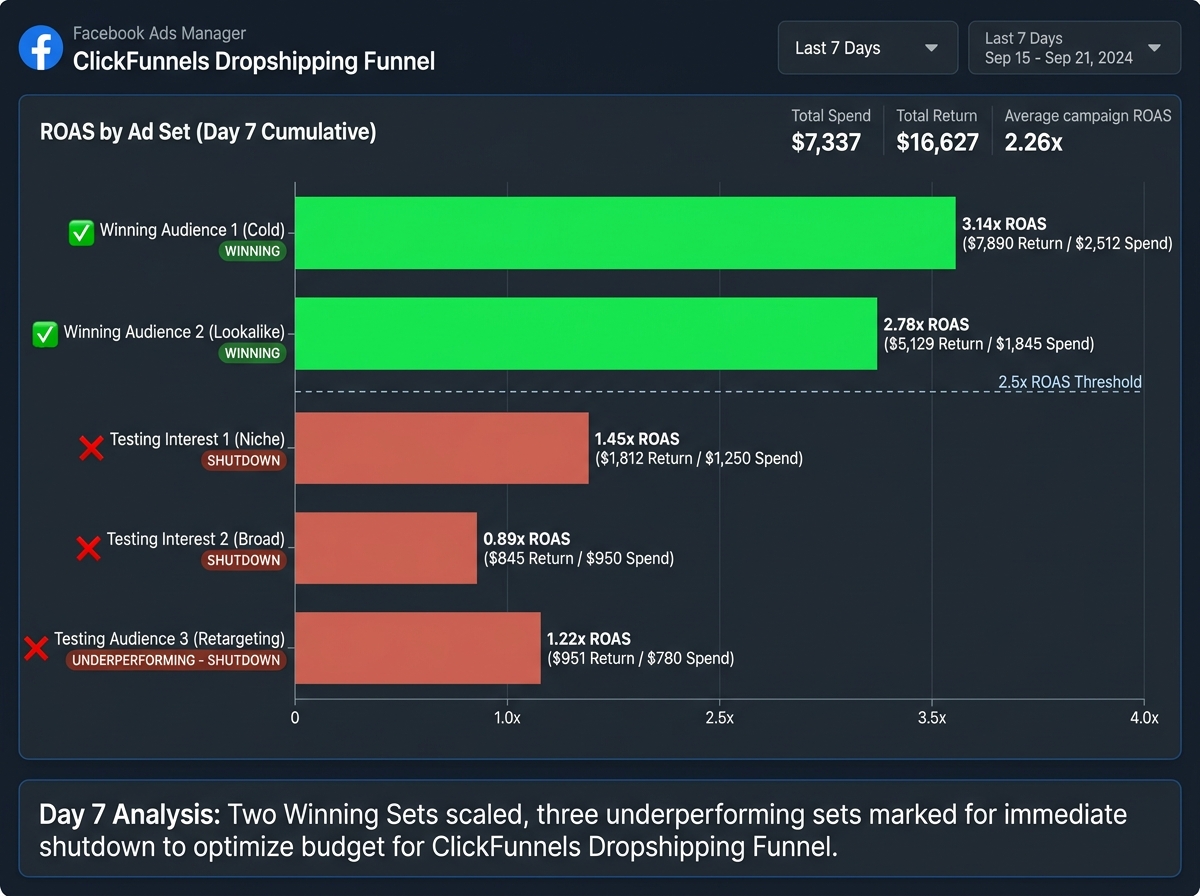 Facebook ads performance chart for ClickFunnels dropshipping funnel showing ROAS across five ad sets at day 7, with two winning sets highlighted in green above 2.5x return and three underperforming sets marked for shutdown