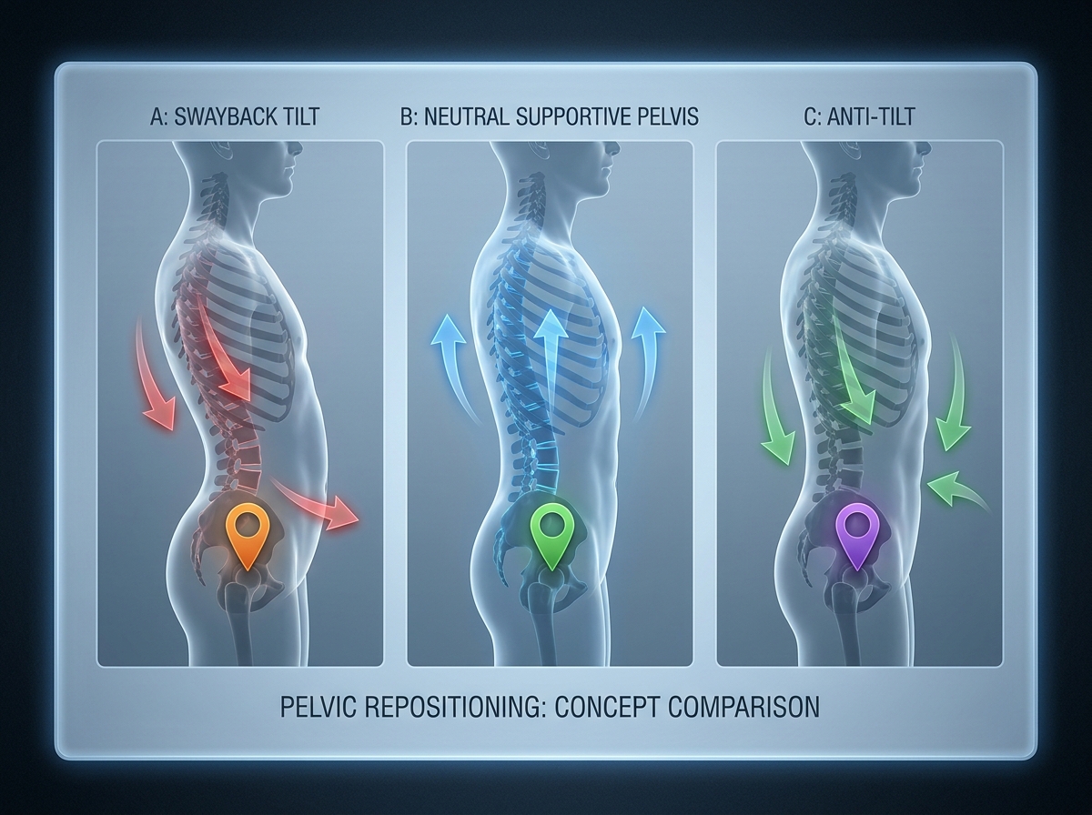 Comparison concept image for pelvic repositioning: three side-by-side silhouettes labeled A: swayback tilt, B: neutral supportive pelvis, C: anti-tilt; translucent arrows show how breathing moves ribcage and low back, with pelvis markers shifting between positions.