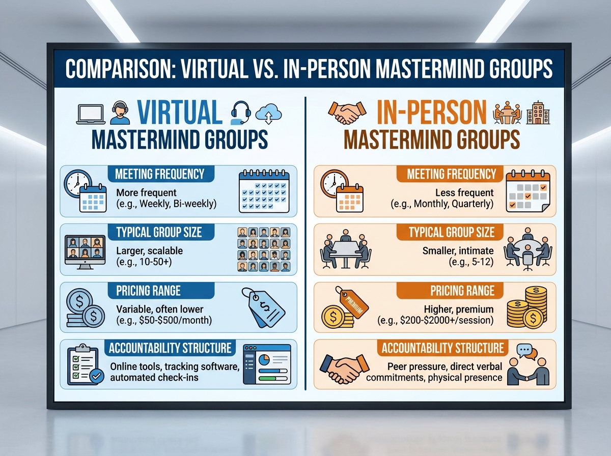 Side-by-side comparison of virtual vs in-person mastermind group formats showing meeting frequency, typical group size, pricing range, and accountability structure