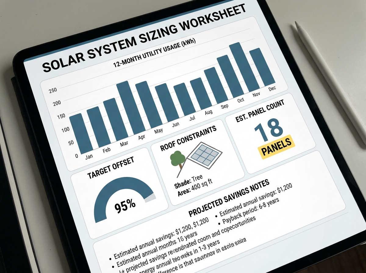Solar system sizing worksheet scene showing twelve months of utility usage, target offset percentage, roof constraints, panel count estimate, and projected savings notes on one screen