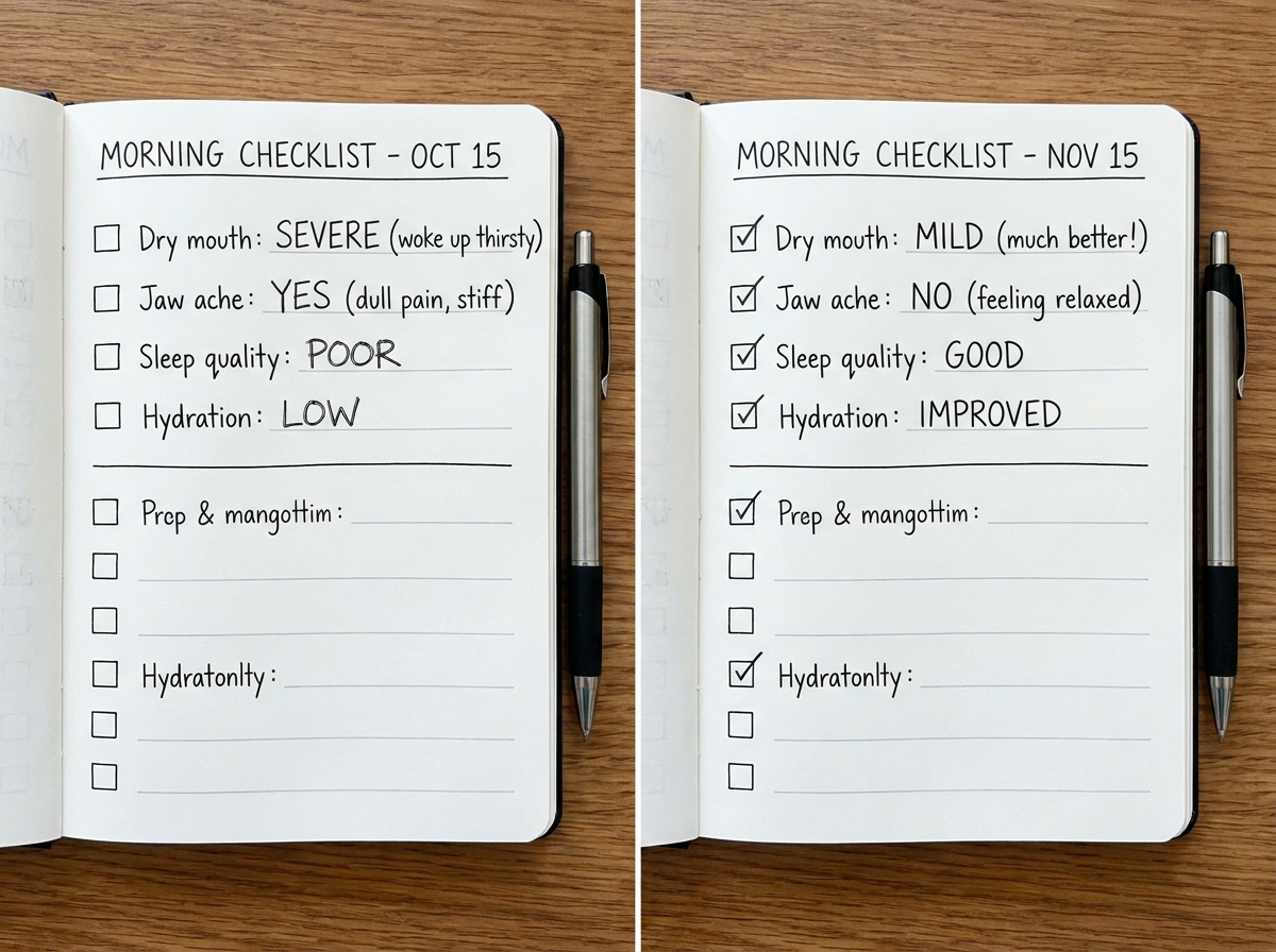 Side-by-side comparison scene: left column shows morning checklist with dry mouth and jaw ache; right column shows improved checklist with less dryness and softer jaw notes. Same layout, different handwritten values. sleep and oral health progress.