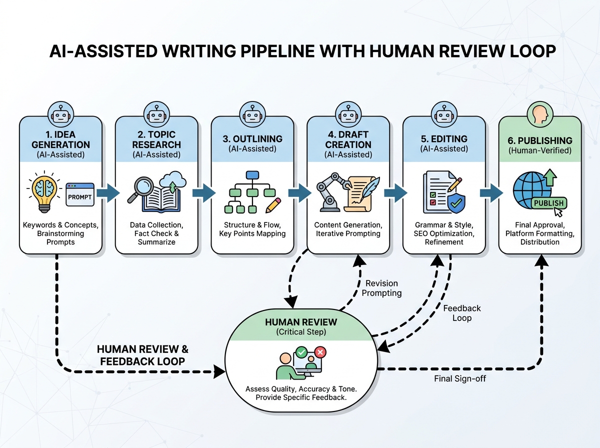 AI-assisted writing pipeline showing idea generation, topic research, outlining, draft creation, editing, and publishing with human review