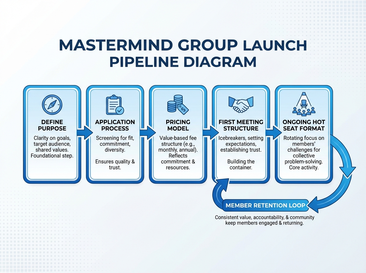 Mastermind group launch pipeline diagram showing the five-stage flow: define purpose → application process → pricing model → first meeting structure → ongoing hot seat format with member retention loop
