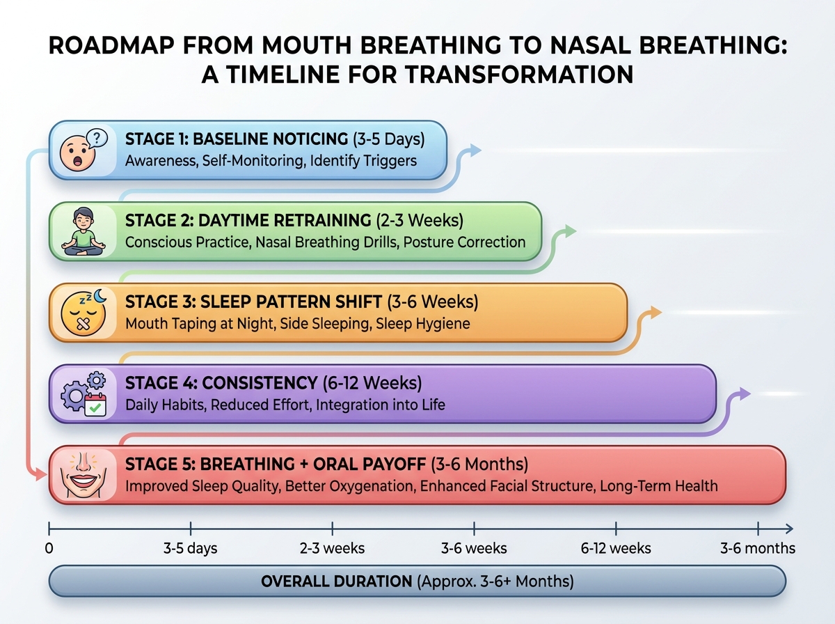 Roadmap timeline graphic for mouth breathing to nasal breathing: Baseline noticing → Daytime retraining → Sleep pattern shift → Consistency → Breathing + oral payoff. Horizontal bars show 3-5 days, 2-3 weeks, 3-6 weeks, 6-12 weeks, 3-6 months. Total bar spans overall.