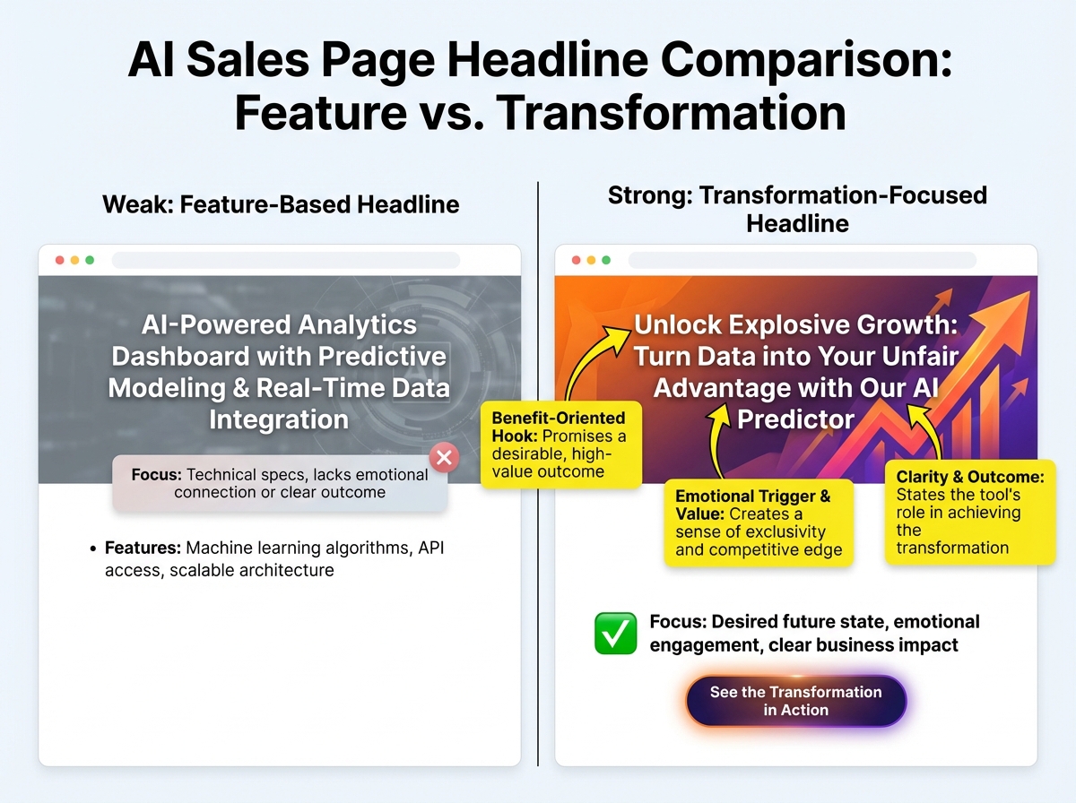 Side-by-side AI sales page headline comparison showing weak feature-based headline versus strong transformation-focused headline with conversion psychology labels