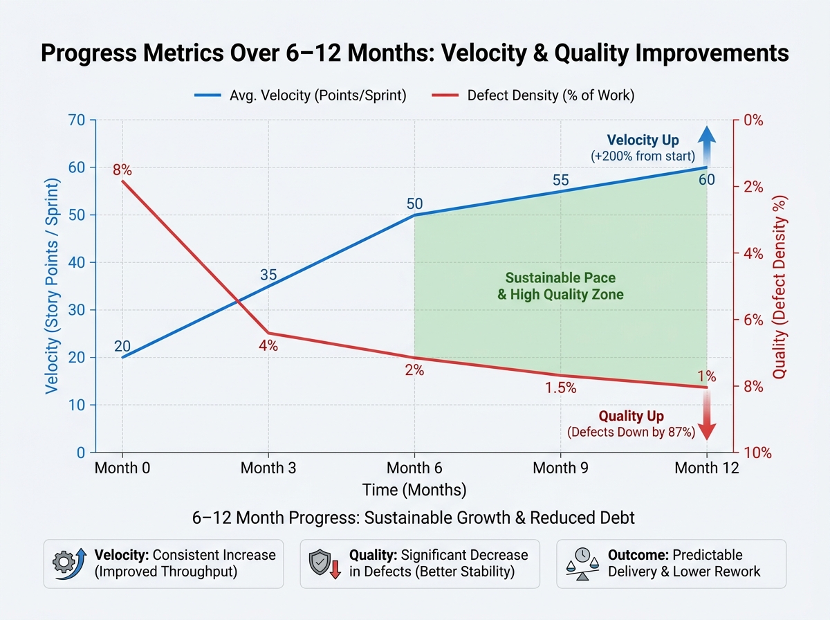 Progress metrics over 6–12 months showing velocity and quality improvements