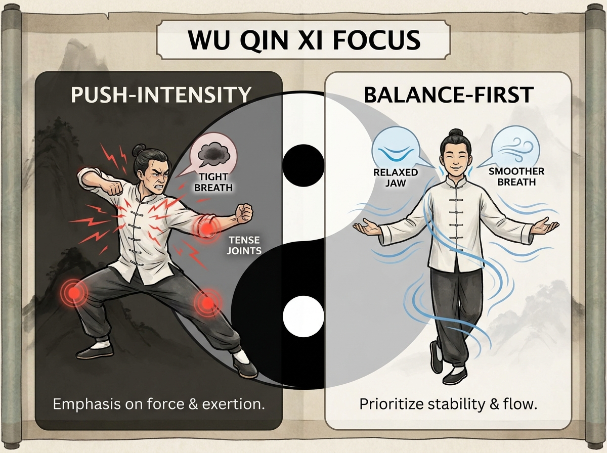 Side-by-side panels titled Wu Qin Xi focus: 'Push-intensity' shows tight breath and tense joints; 'Balance-first' shows smoother breath and relaxed jaw; both overlaid on a simple yin-yang circle.