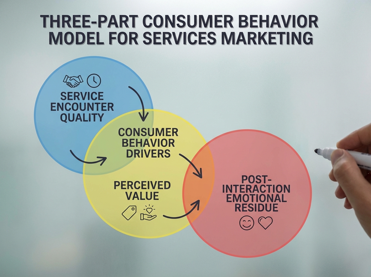 Three-part consumer behavior model for services marketing showing service encounter quality, perceived value, and post-interaction emotional residue as overlapping drivers