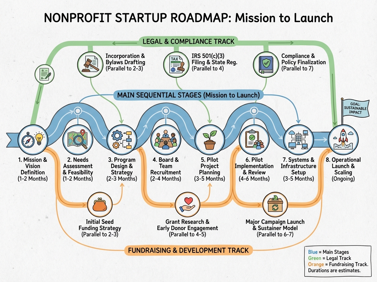 Nonprofit startup roadmap timeline showing 8 sequential stages from mission definition to operational launch, with estimated durations and parallel tracks for legal and fundraising work