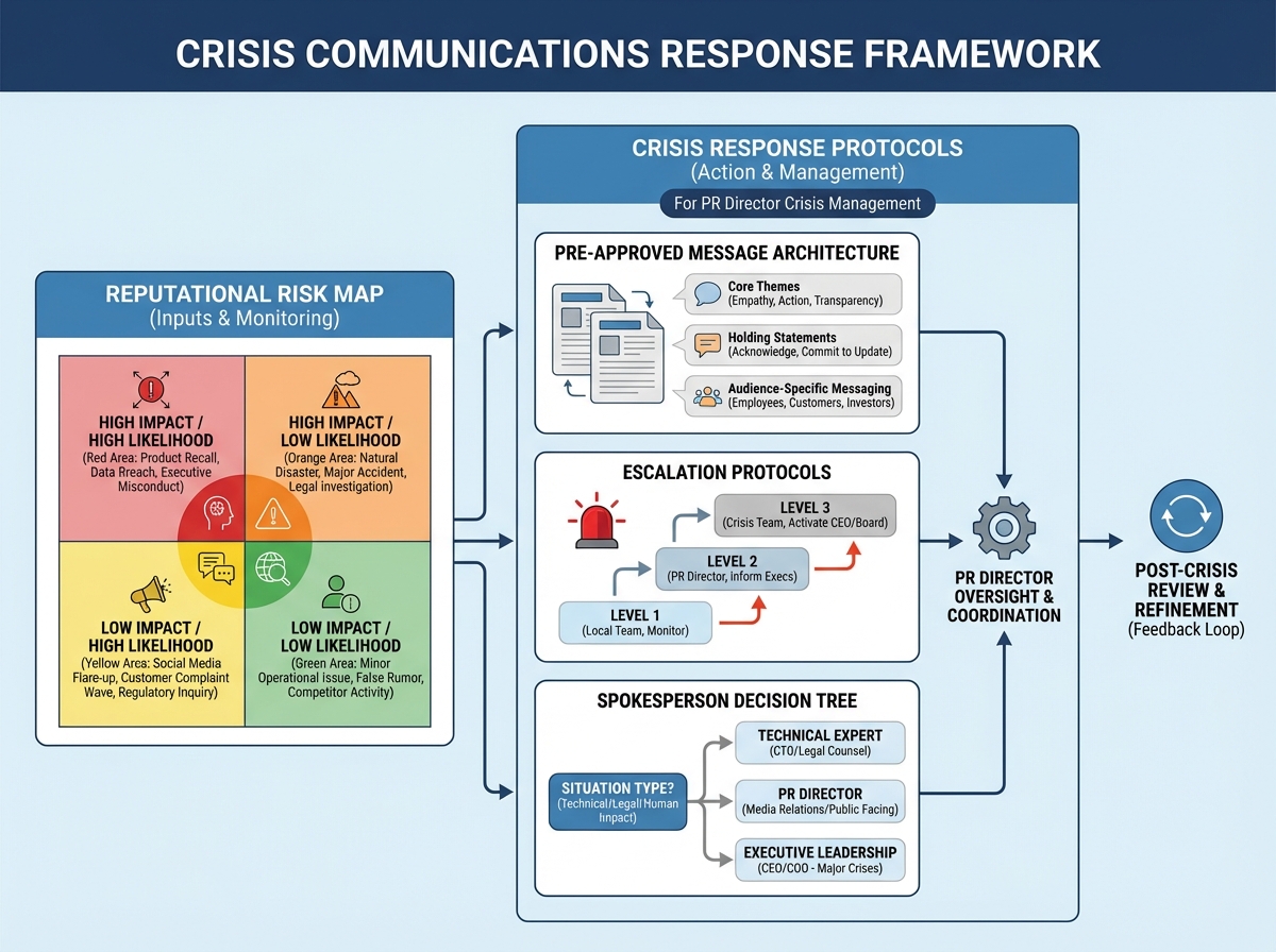 Crisis communications response framework diagram showing reputational risk map on the left feeding into pre-approved message architecture, escalation protocols, and spokesperson decision tree for PR director crisis management