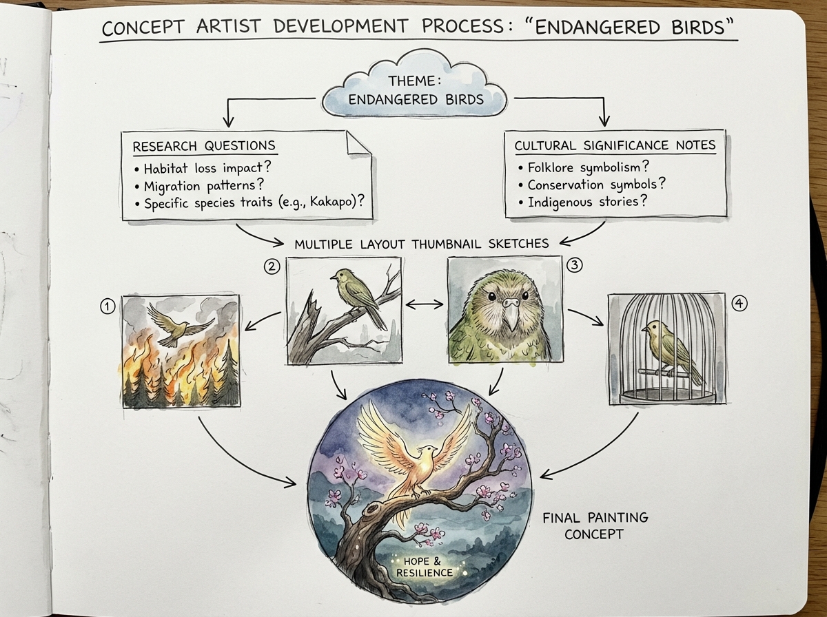 Artist concept development process diagram showing how a theme like 'endangered birds' branches into research questions, cultural significance notes, and multiple layout thumbnail sketches before arriving at a final painting concept