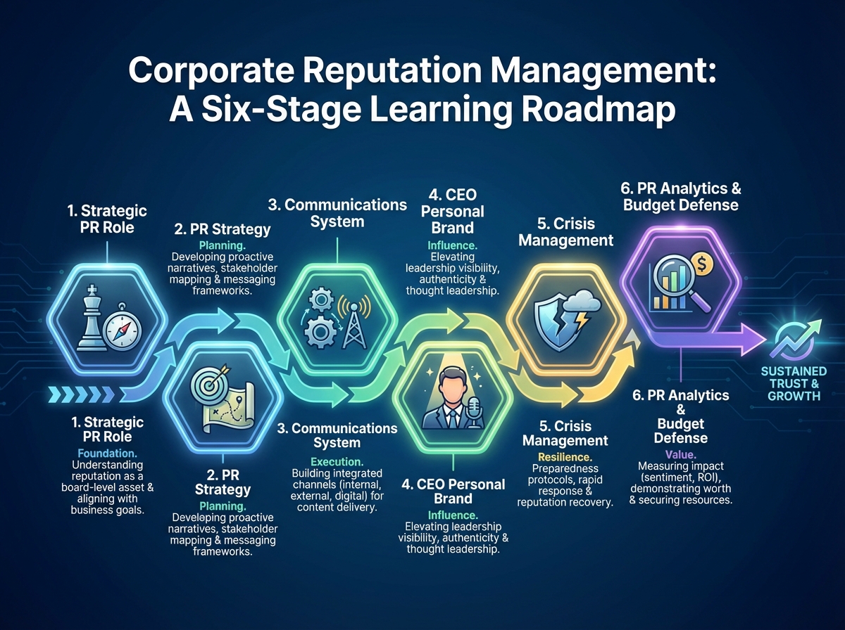 Corporate reputation management learning roadmap with six sequential stages from strategic PR role through PR strategy, communications system, CEO personal brand, crisis management to PR analytics and budget defense