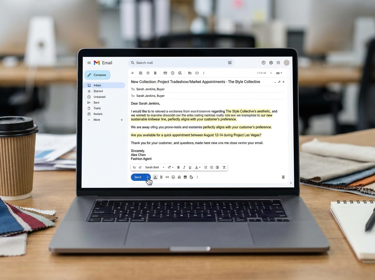 Sample fashion agent outreach email shown on a laptop screen, highlighting specific buyer store reference, collection fit, and concrete meeting request with market dates