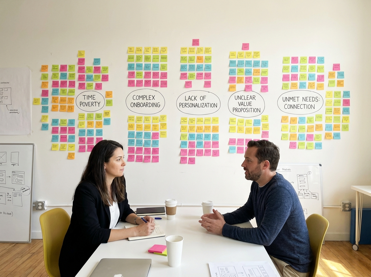Design Thinking empathy stage scene showing a business owner conducting a user interview with sticky notes organized into an affinity map, with insight clusters labeled around core user frustrations and unmet needs