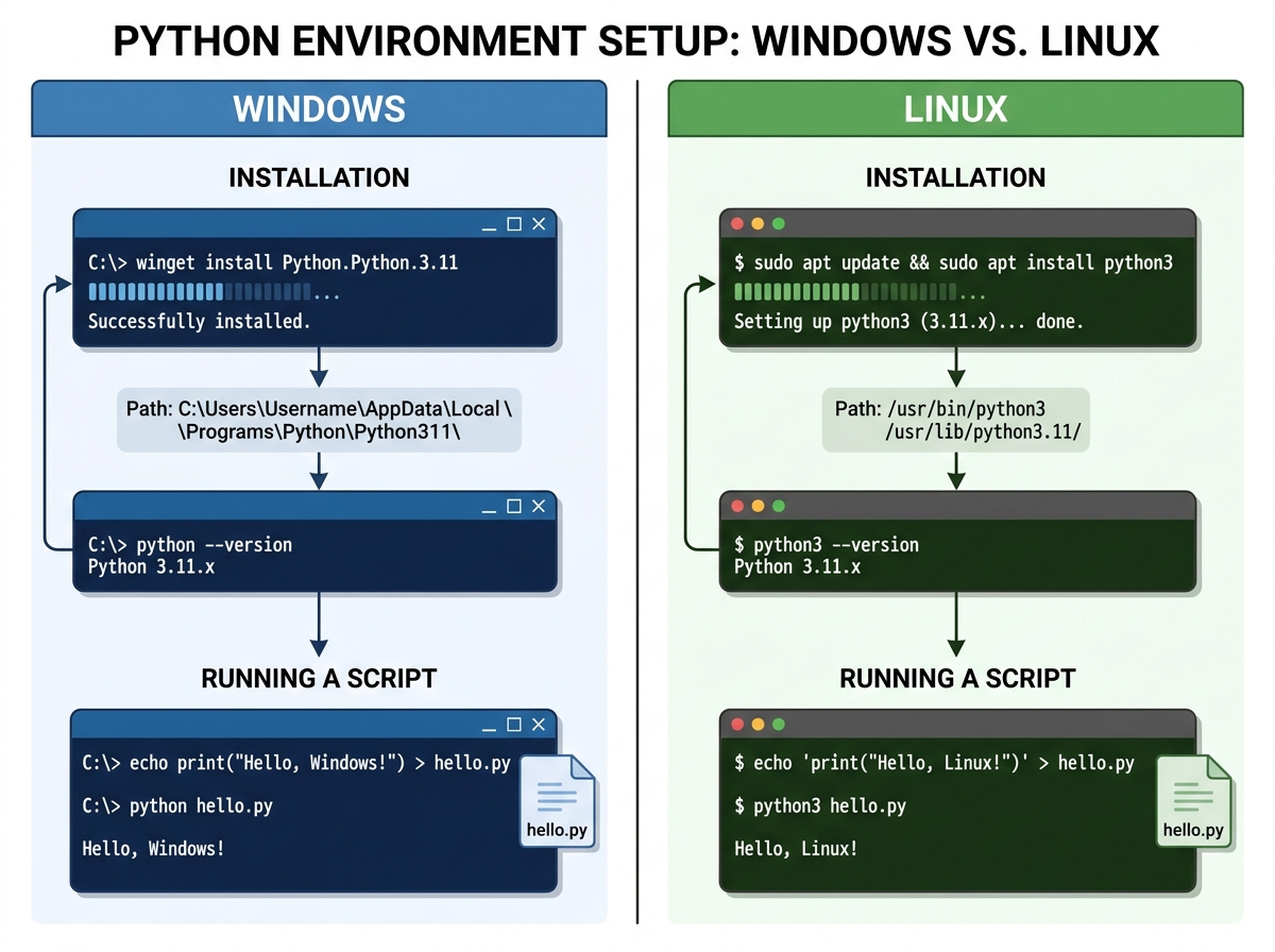 Side-by-side comparison of Python environment setup on Windows vs Linux, showing terminal commands and file paths for installing Python and running a first script