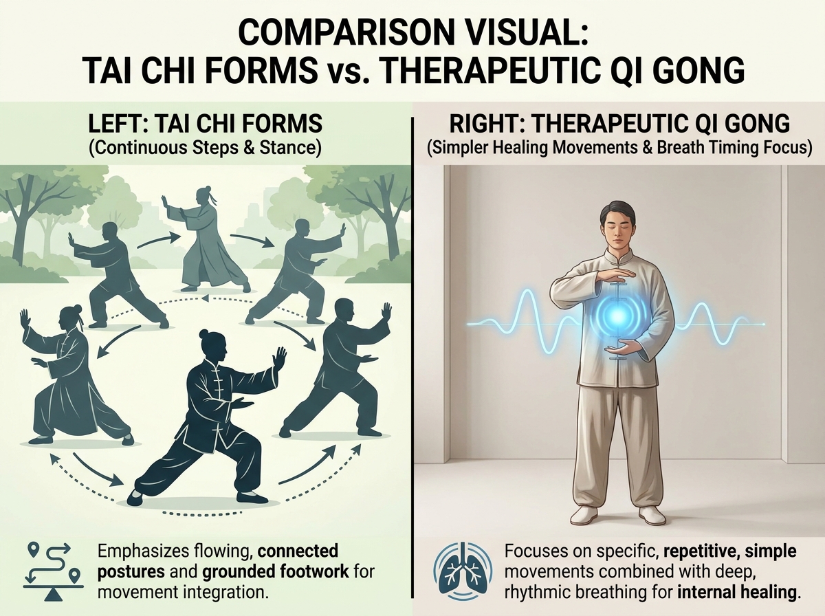 Comparison visual contrasting Tai Chi forms vs therapeutic Qi Gong: left shows continuous steps and stance, right shows simpler healing movements with breath timing focus.