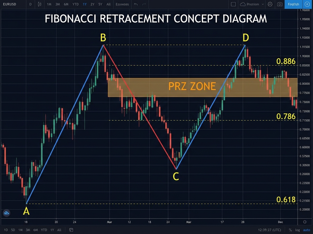 Fibonacci retracement concept diagram on a forex swing showing 0.618, 0.786, and 0.886 ratio levels labeled on the AB=CD pattern with PRZ zone highlighted between C and D legs