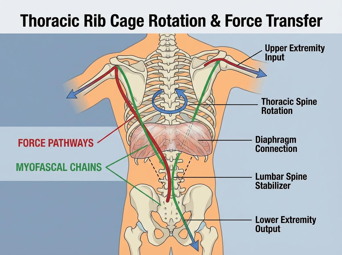 Thoracic rib cage rotation diagram showing force transfer pathways between upper and lower extremities through the thoracic spine, with myofascial chain connections to the diaphragm and lumbar spine highlighted