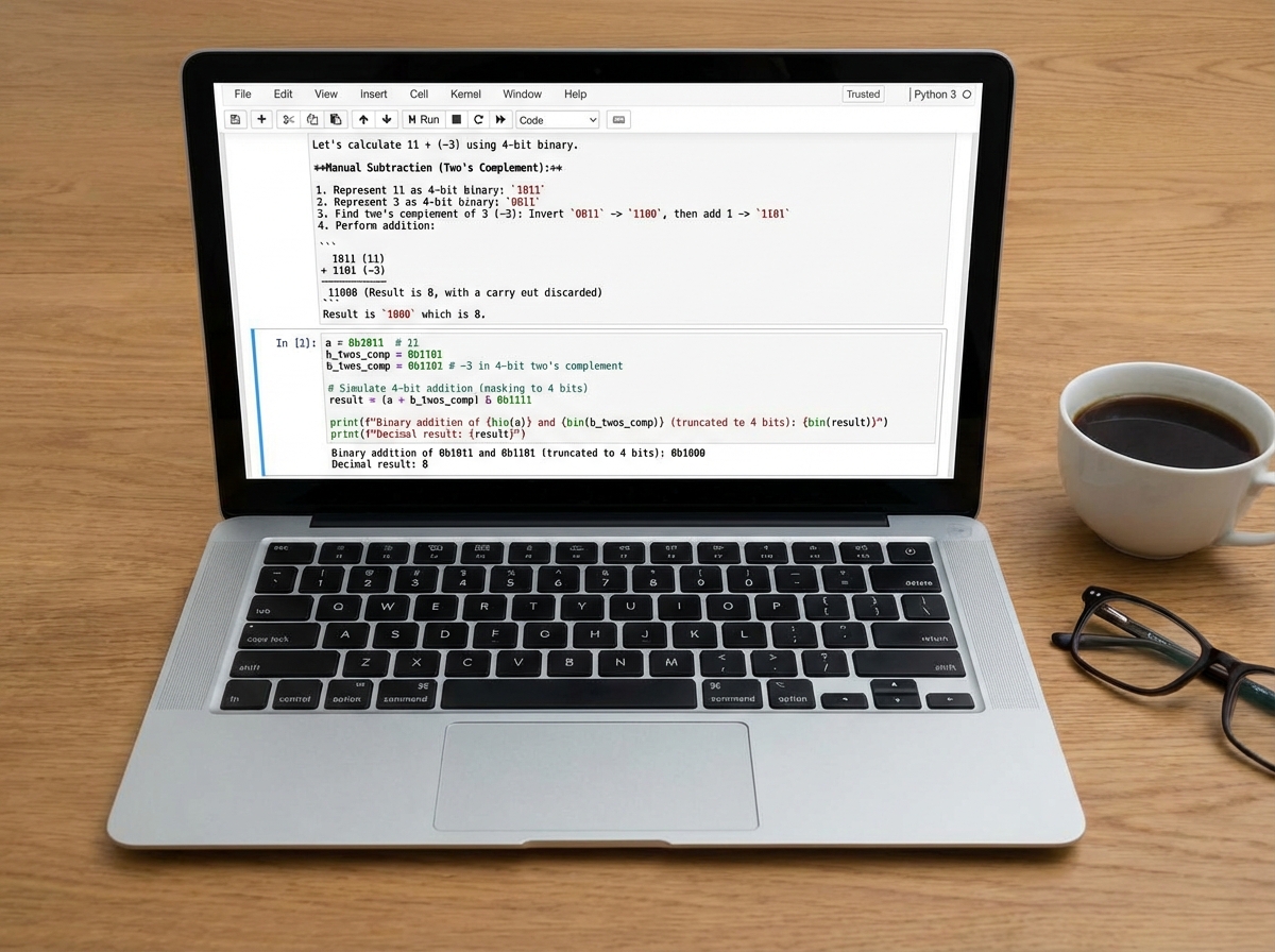 Jupyter notebook showing Python binary addition exercise with manual two's complement subtraction in Markdown alongside Python code output confirming the result