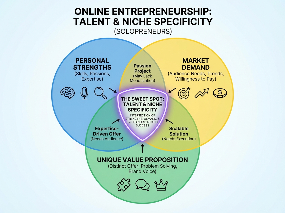 Talent and niche specificity Venn diagram for online entrepreneurship showing the intersection of personal strengths, market demand, and unique value proposition for solopreneurs