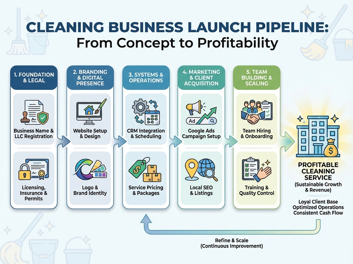 Cleaning business launch pipeline diagram showing stages from business name and LLC registration through website setup, CRM integration, Google Ads campaign, and team hiring for a profitable cleaning service