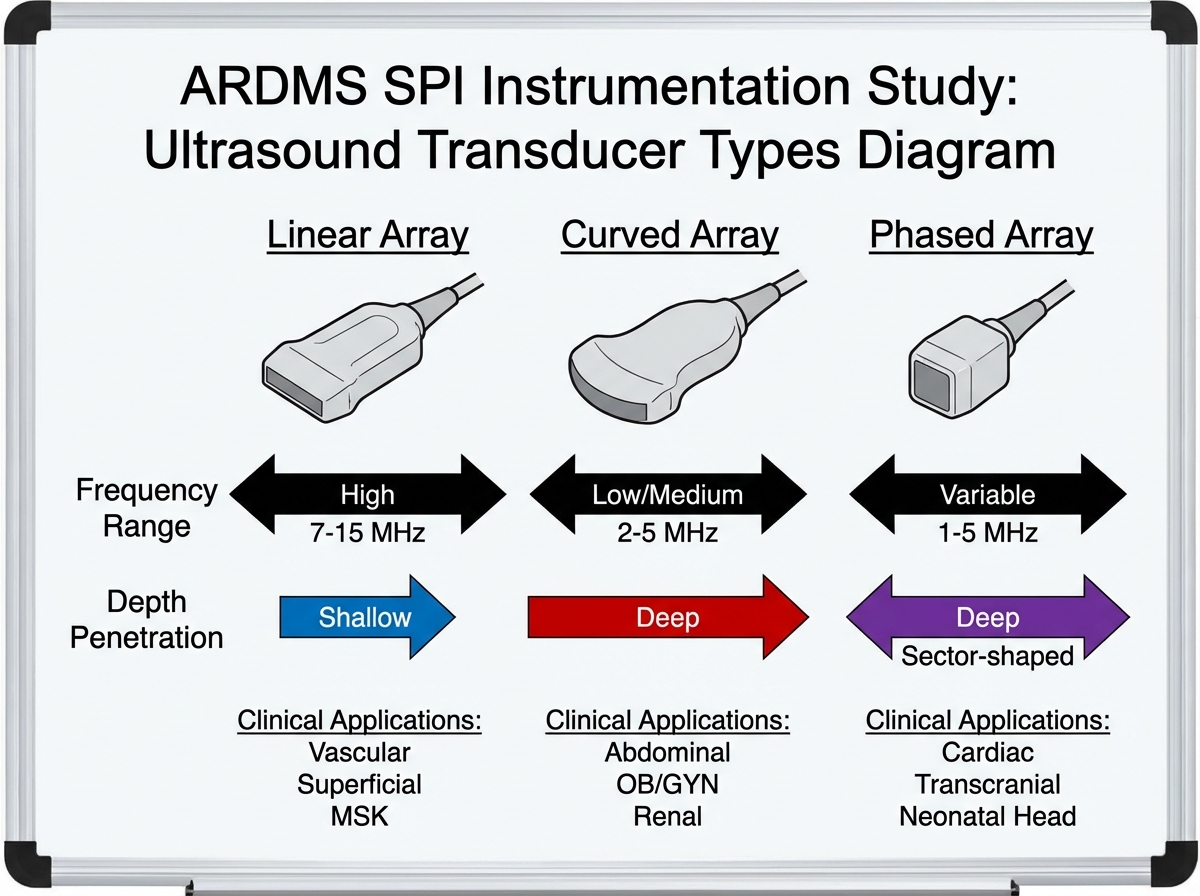 Ultrasound transducer types diagram comparing linear array, curved array, and phased array probe shapes with frequency ranges, depth penetration arrows, and clinical application labels for ARDMS SPI instrumentation study