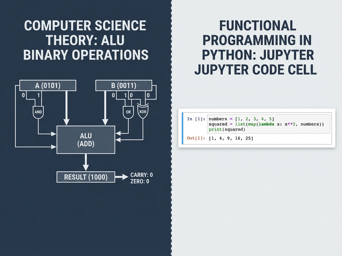 Side-by-side comparison of functional programming in Python versus computer science theory concepts — ALU binary operations on left, Python loop code cell in Jupyter on right